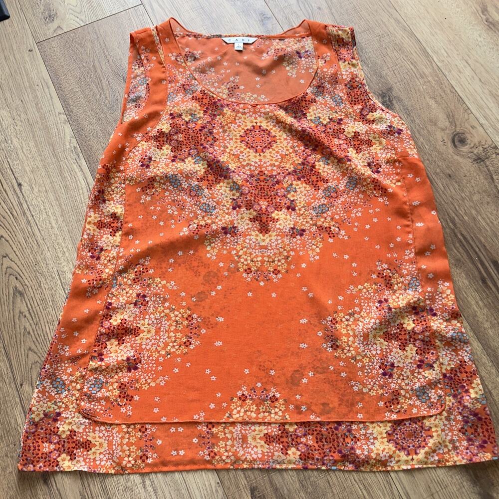 CAbi (L) Women’s Top Sleeveless Orange Floral Sheer Light Breezy Blouse #268